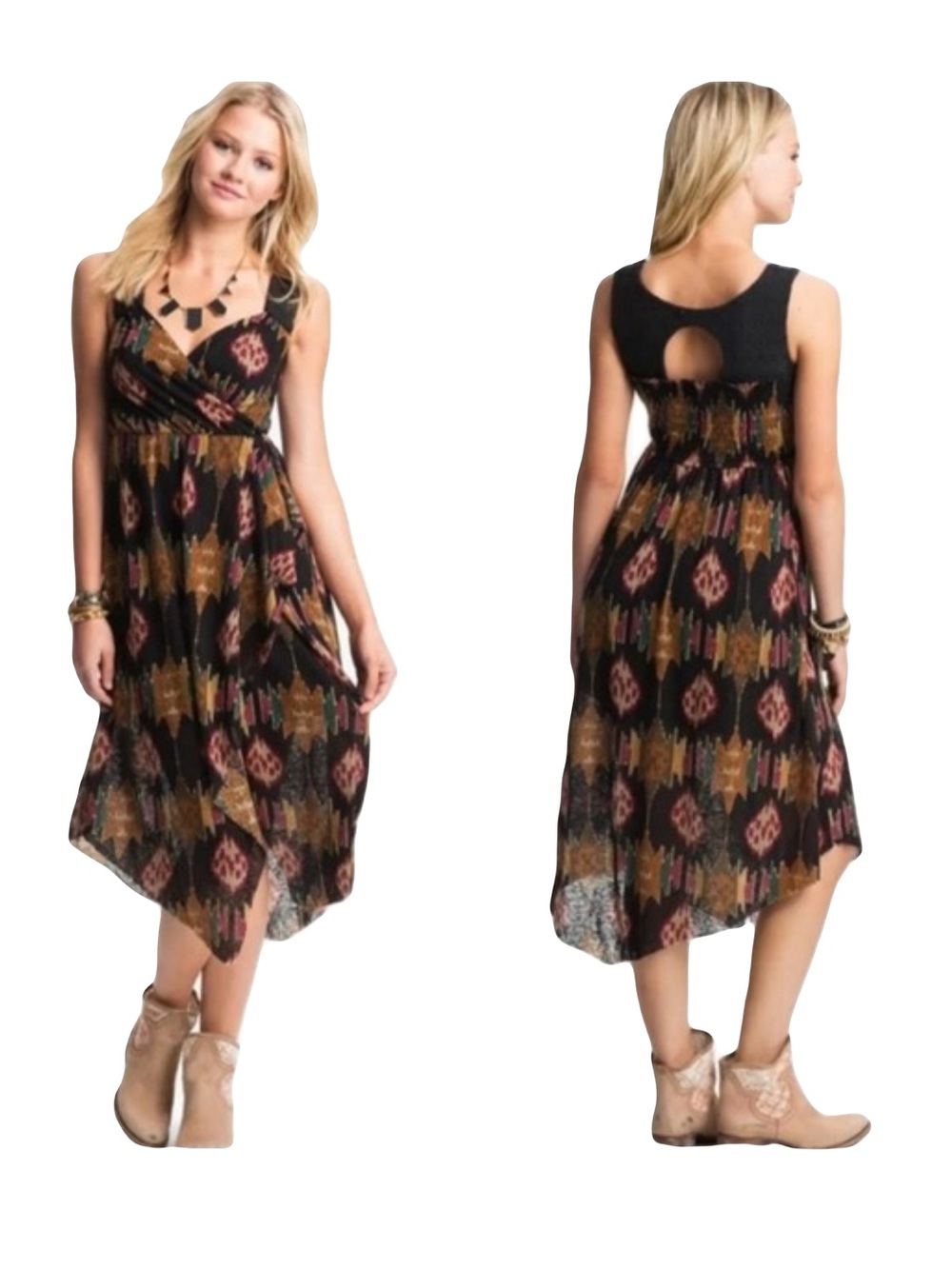 Free People All Wrapped up black ikat print vintage Y2K midi dress M